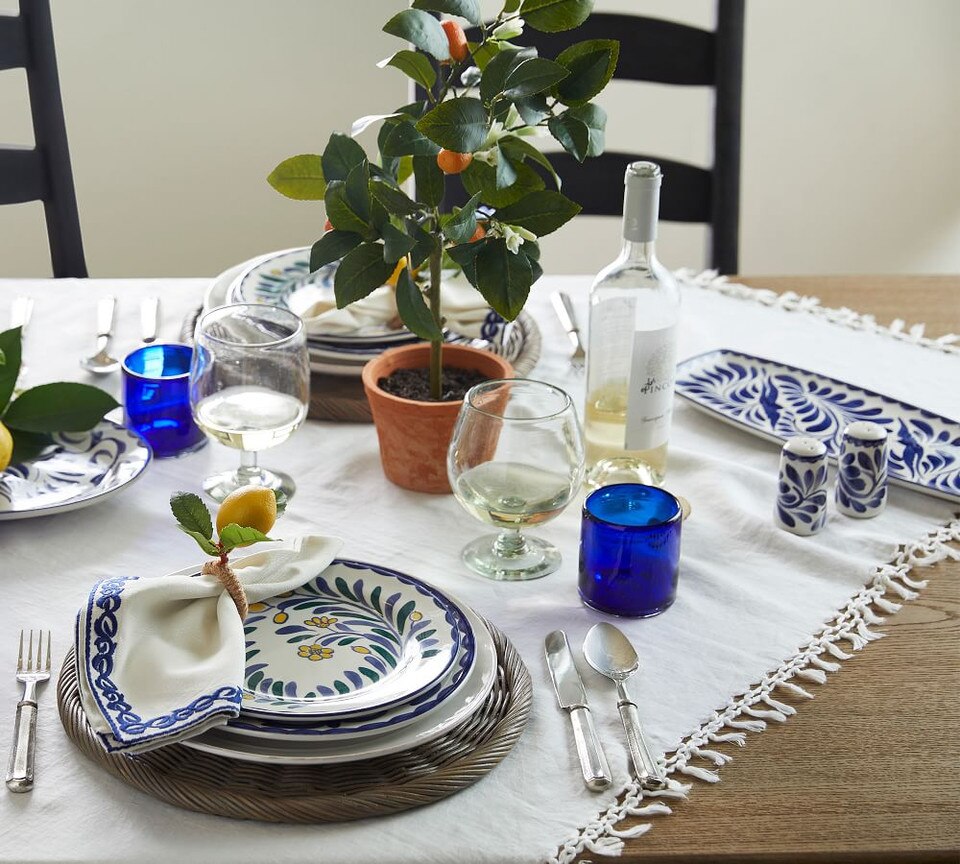 Belgian Linen Fringe Knotted Table Throw White Pottery