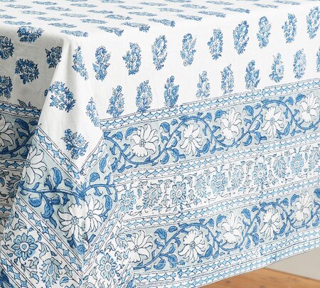 Block Print Floral Cotton Tablecloth Blue