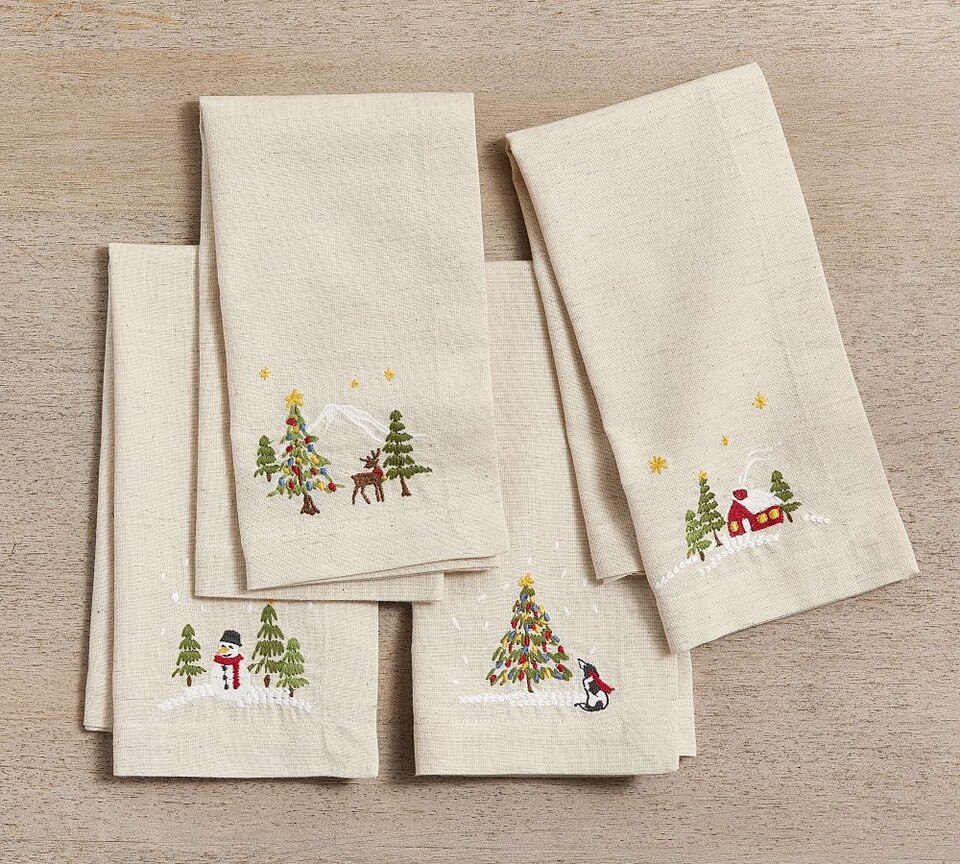 Christmas in the Country Embroidered Cotton/Linen Napkins - Set of 4 ...