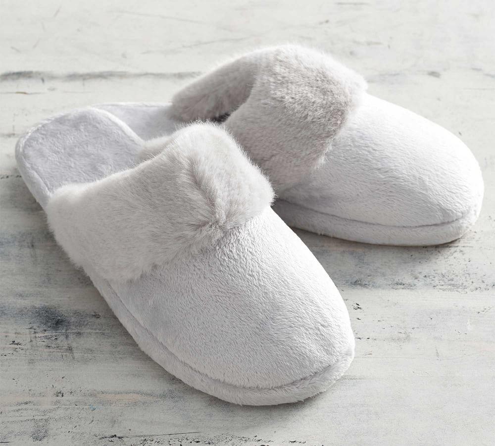 white fur slippers