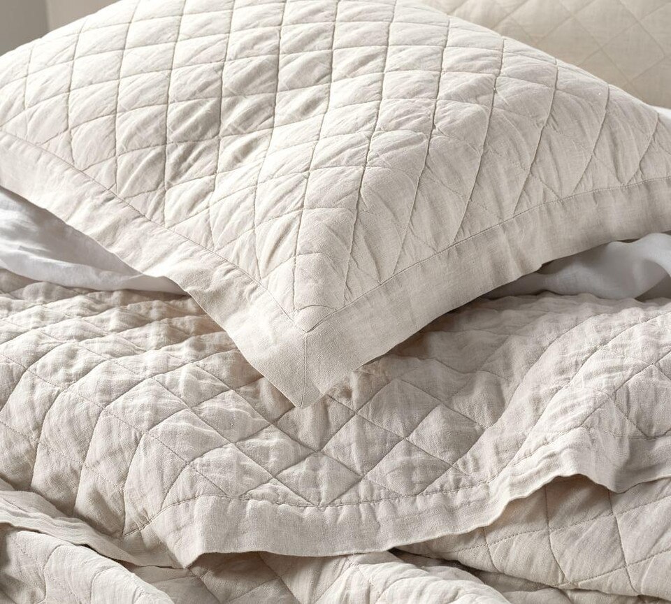 Belgian Flax Linen Diamond Coverlet & Pillowcases - Natural