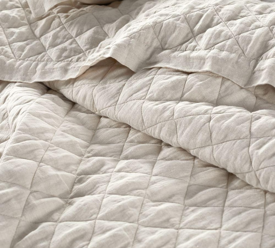 Belgian Flax Linen Diamond Coverlet & Pillowcases - Natural