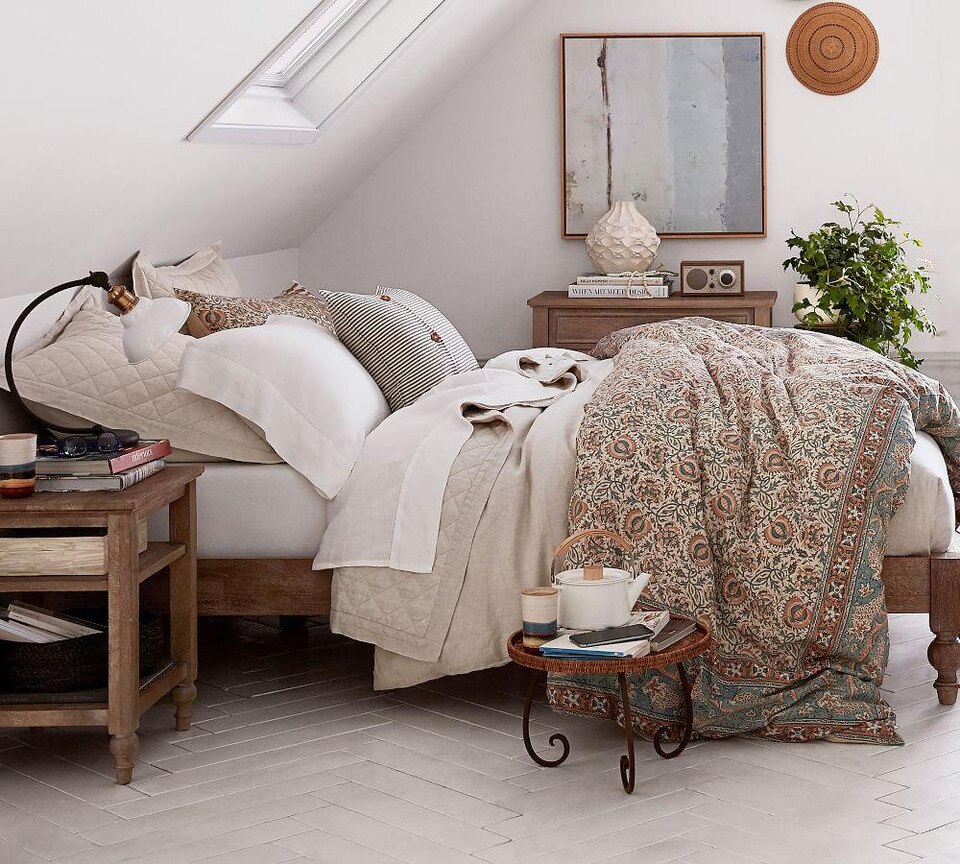 Belgian Flax Linen Diamond Coverlet & Pillowcases - Natural