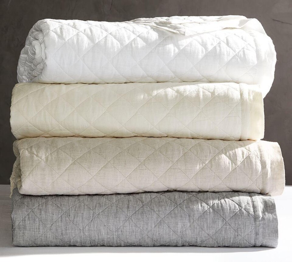 Belgian Flax Linen Diamond Coverlet & Pillowcases - Natural