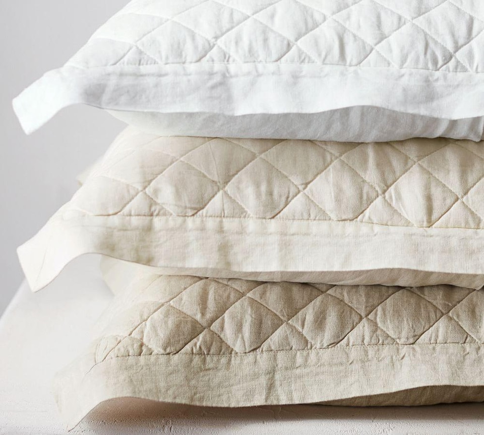 Belgian Flax Linen Diamond Coverlet & Pillowcases - Natural