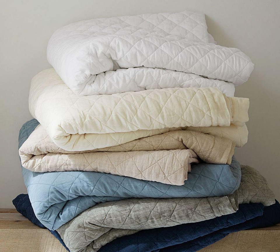 Belgian Flax Linen Diamond Coverlet & Pillowcases - Natural