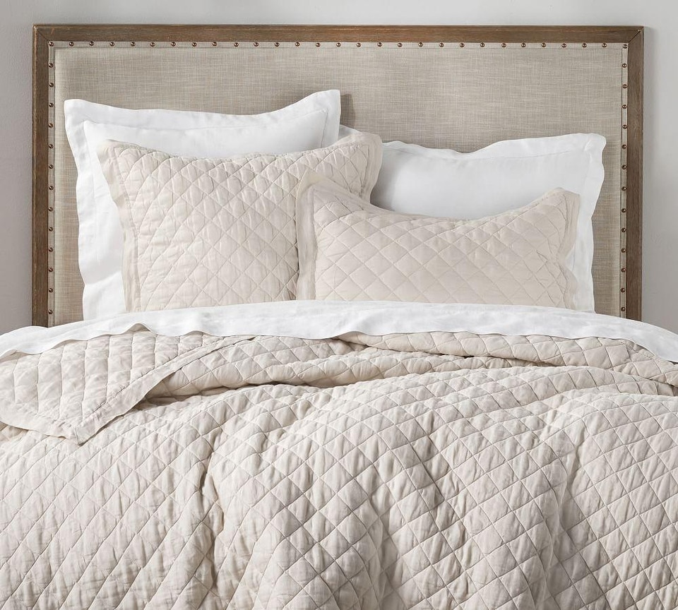 Belgian Flax Linen Diamond Coverlet & Pillowcases - Natural
