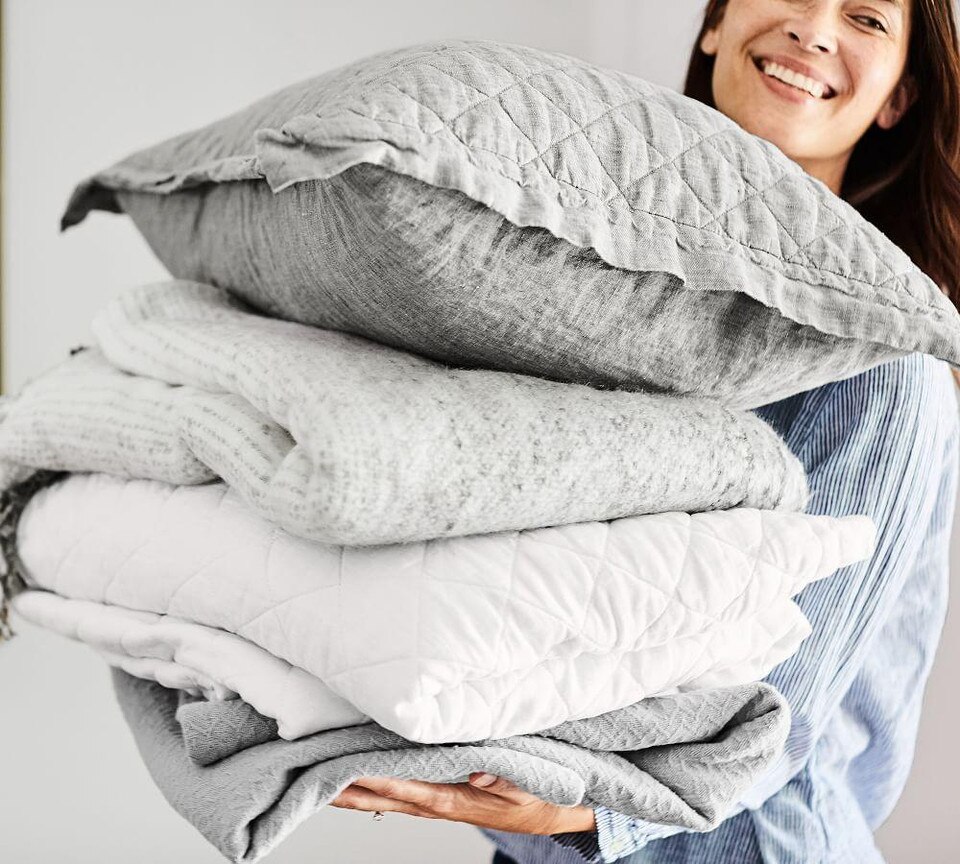 Belgian Flax Linen Diamond Coverlet & Pillowcases - White