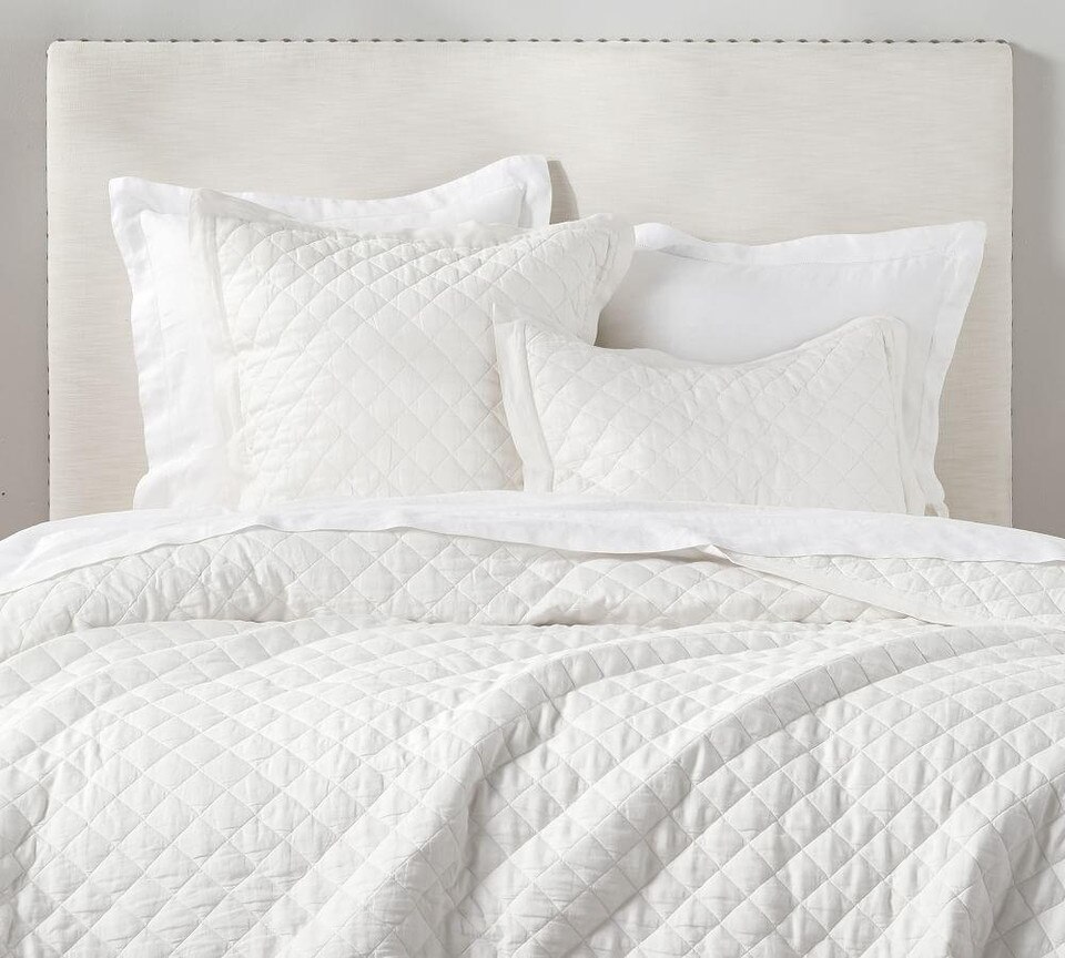 Belgian Flax Linen Diamond Coverlet & Pillowcases - White