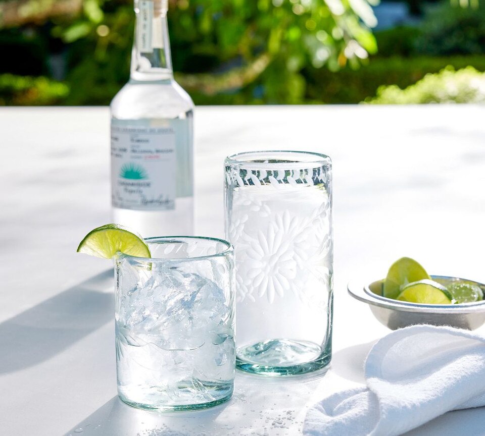 Etched Floral Recycled Glass Drinking Glasses
