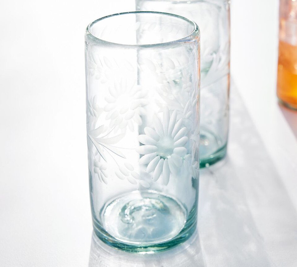 Etched Floral Recycled Glass Drinking Glasses