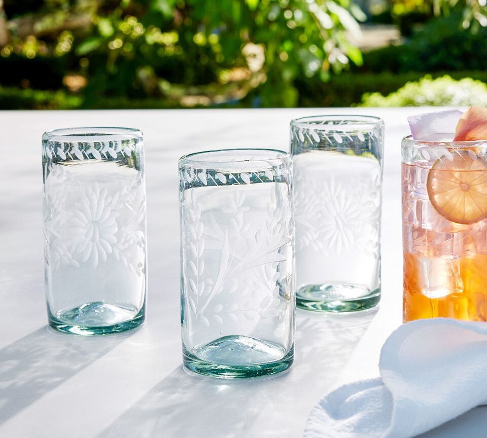 Etched Floral Recycled Glass Drinking Glasses