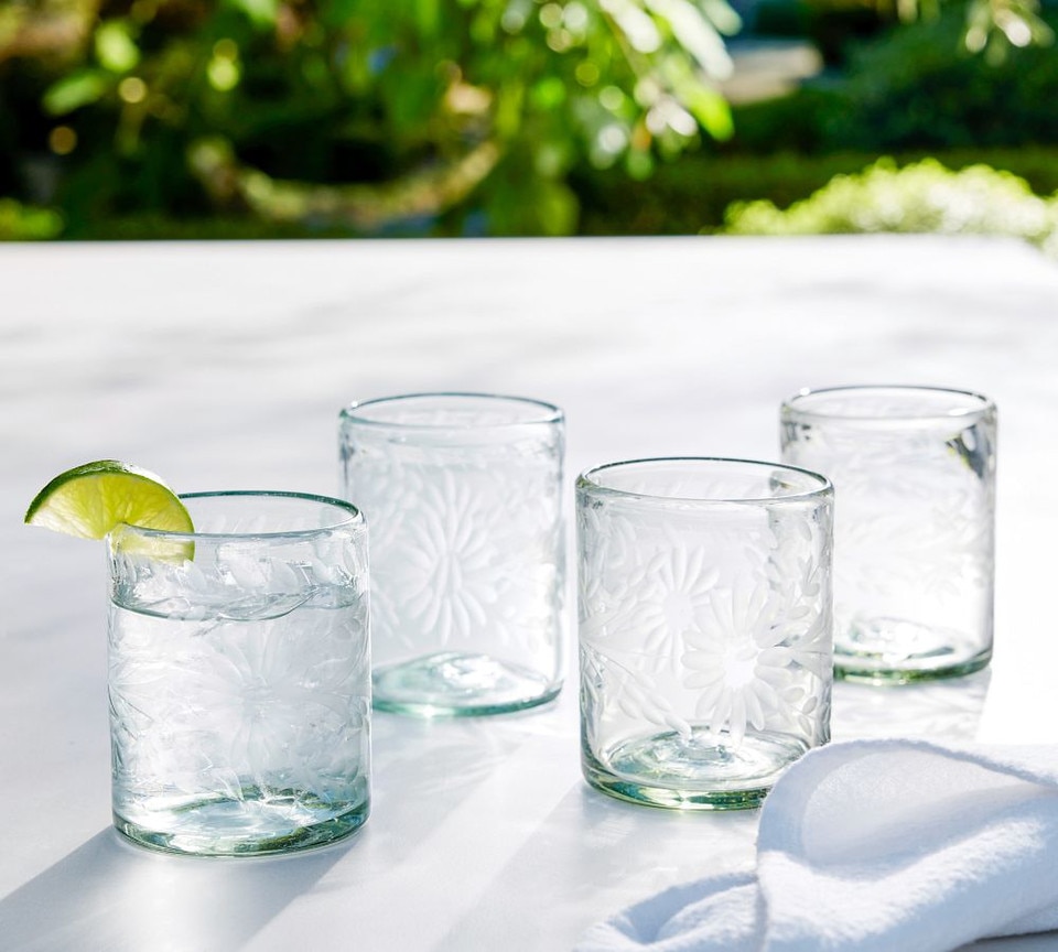 Etched Floral Recycled Glass Drinking Glasses