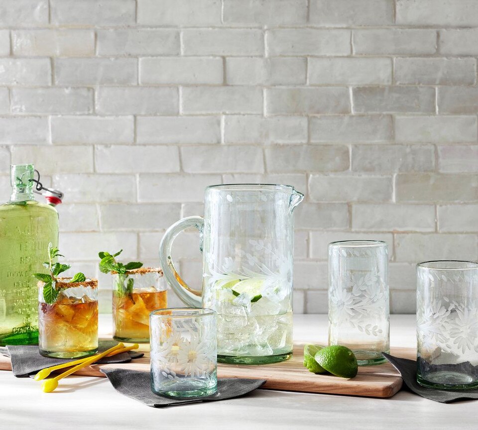 Etched Floral Recycled Glass Drinking Glasses