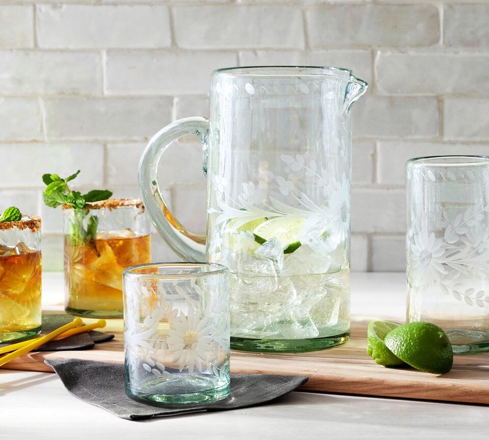 Etched Floral Recycled Glass Drinking Glasses