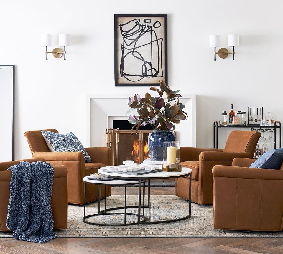 Irving Roll Arm Leather Swivel Armchair (81 cm)